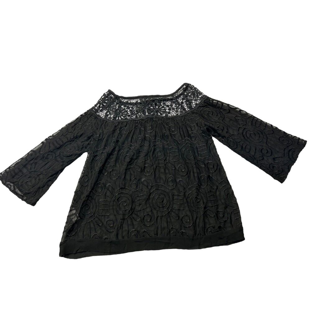 Language Womens Embroidered Tunic Top Lace Yoke 3/4 Sleeve Silk Blend Black Sz S - Picture 2 of 14